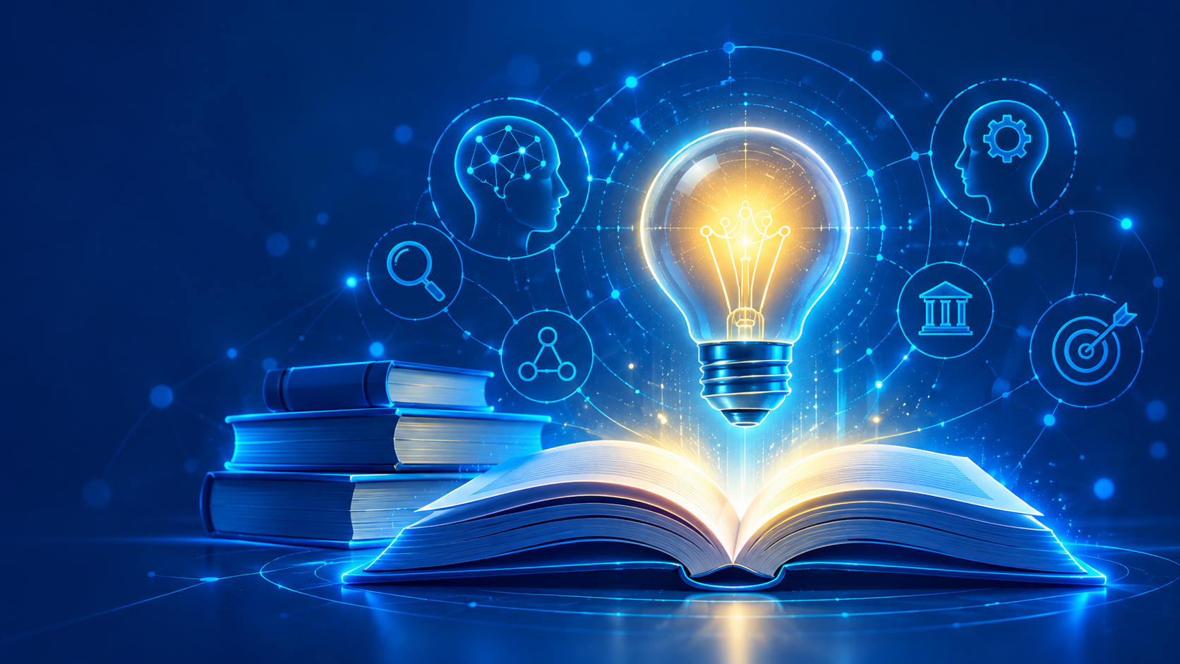 Livros e lâmpada representando fundamentos do pensamento crítico
